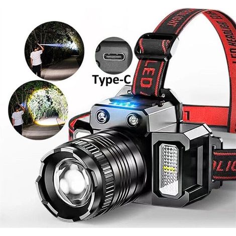 Lampada frontale - Lampada frontale a LED - Nera, ricaricabile, da 2000 mAh, con 5 modalità - Sensore intelligente e zoom - Per campeggio, ciclismo e situazioni di emergenza (1/5)