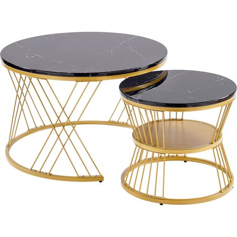 Set de 2 mesas nido redondas de centro MDF efecto mármol brillo negro y dorado HOMVRA (1/5)