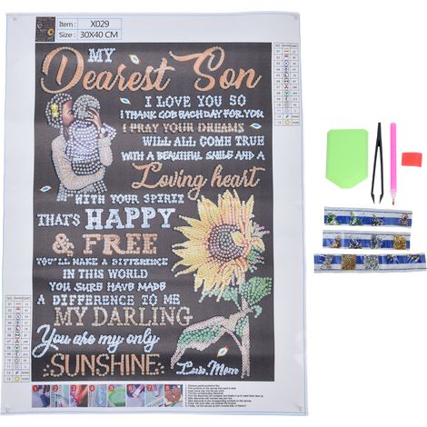 Tableau décoratif mural 5D à réaliser soi-même avec strass : une mère et son enfant entourés de tournesols. Strass irréguliers. (1/5)