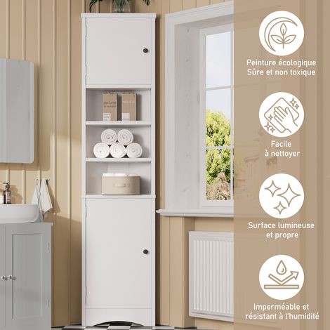 36,5 x 24,5 x 170 cm  
Armoire de salle de bain en forme de triangle. Finition peinture complète. Peinture résistante à l’humidité. Trois compartiments ouverts. Portes doubles. Couleur blanche. (1/5)