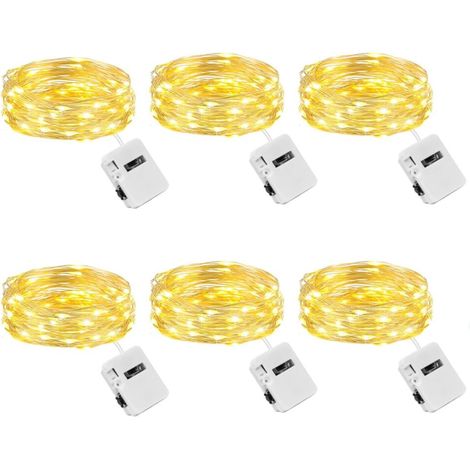 Lot de 6 Mini Guirlande LED à Pile avec 3 Modes, 2M 20LED Petite Guirlande Lumineuse Pile, IP65 Étanche Guirlande LED Interieur pour Chambre Mariage Fête Noël Décoration, Blanc Chaud (1/5)