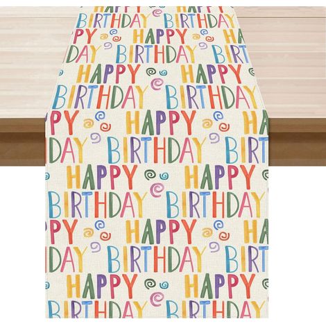 Chemin de table « Joyeux anniversaire » - Nappe en toile de jute 33 x 91 cm, colorée, style champêtre, idéale pour la cuisine, les repas, les fêtes et les réunions festives à la maison. (1/5)