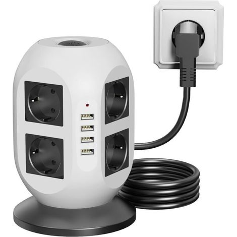 Multiprise 8 prises avec 2 ports USB, protection contre les surtensions (2160J), rallonge de 2 mètres, double interrupteur pour la maison et le bureau(Noir et blanc) (1/4)