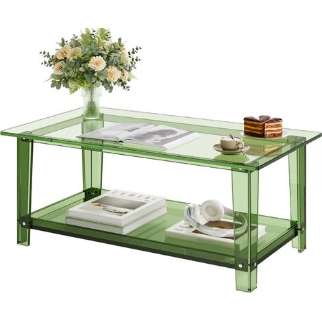 Table basse en acrylique, 50 x 80 x 40 cm, table d'appoint de salon à 2 niveaux avec étagère de rangement, bout de canapé rectangulaire moderne, pour salle à manger, salon, cuisine, bureau, vert (1/5)