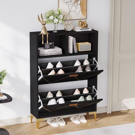 Mueble zapatero 80 x 25 x 117 cm con 2 abatibles, MDF y metal negro DESVIAE (1/5)