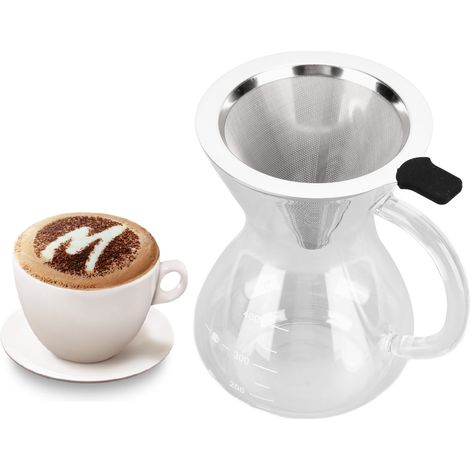 Cafetière en verre de 400 ml avec poignée, résistante à la chaleur, livrée avec un entonnoir et un filtre en acier inoxydable, fond rond pour verser le café. (1/5)