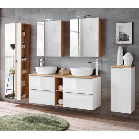 Badmöbel Set mit Doppel-Waschtisch inkl. 2 Keramik-Aufsatzbecken TOSKANA-56 Hochglanz weiß/Wotaneiche BxHxT ca. 260/190/46cm (1/5)
