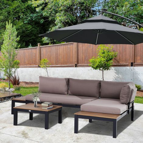 Set da giardino in alluminio 3 posti grigio con cuscini, divano a 2 posti, chaise longue e tavolino (1/5)