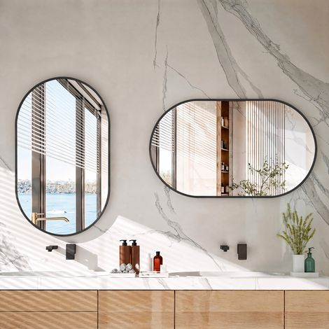 Miroir mural ovale 75 x 50 cm en verre trempé avec cadre aluminium noir, miroir design pour salle de bain et coiffeuse (1/5)