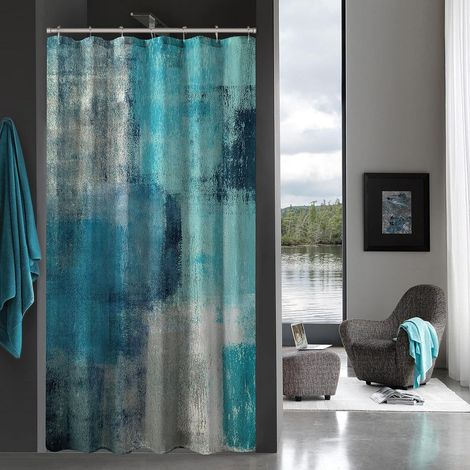 Rideau De Douche 36 X 72 Pouces - Rideau De Cabine De Douche Etroit En Polyester Imperméable - Motif Abstrait Turquoise - Lot Complet Avec Crochets (1/5)