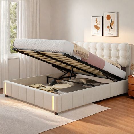 Elegante letto matrimoniale, testiera con motivo floreale, letto imbottito in velluto beige 140/160 x 200 cm, letto idraulico con ampio vano contenitore, senza materasso (1/5)