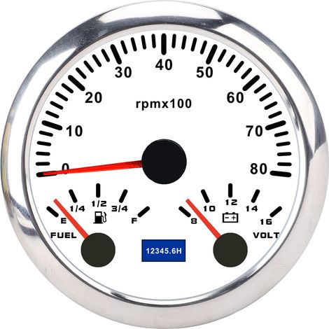 3-in-1 Drehzahlmesser 85 mm DC 9–32 V 8000 U/min 8–16 V Spannungsanzeige E 1/4 1/2 3/4 F Kraftstoffstand 7-farbige Hintergrundbeleuchtung für Wohnmobile, Yachten, LKWs Weißes Zifferblatt Silberne Lüne (1/5)