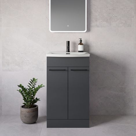 Napoli 390 Gloss Grey 500mm 2 Door Vanity Unit with Arc Basin - 500mm - Matt Black 160mm Handle