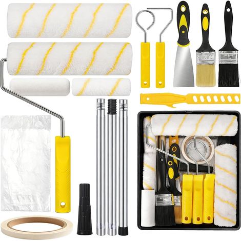 Rouleau Peinture, Rouleau Peinture Mousse Kit De Peinture 20 Pièces Avec Rouleau Long Poil 9", Manche Télescopique, Pinceaux, Bac, Bâche Et Accessoires Pour Murs (1/5)