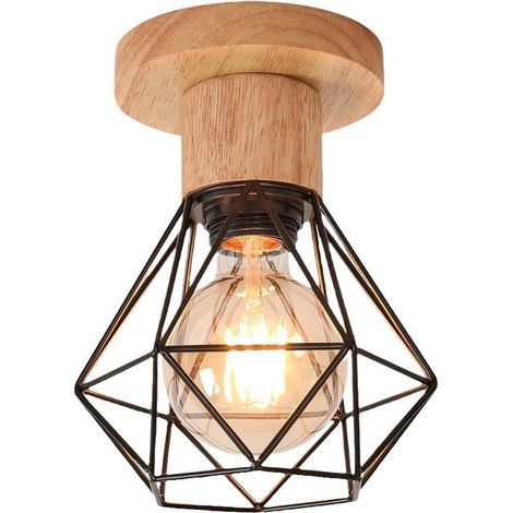 Plafonnier industriel 16cm vintage luminaire e27 rétro lustre suspension en bois et fer design cage noir (1/5)