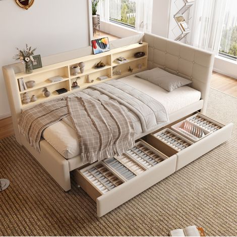 Cama individual 90/200 cm beige de lino y MDF con USB-C, estantes y 2 cajones (1/5)