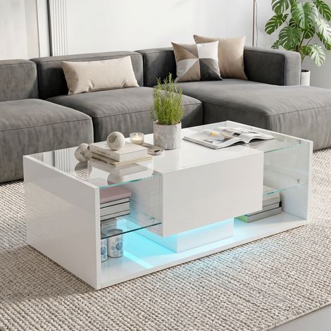 BLANKETSWARM - Table basse rectangulaire en bois et verre trempé 100x50x35 cm– Éclairage LED 16 couleurs – Tiroir avec glissières métalliques – Style moderne – Blanc (1/5)