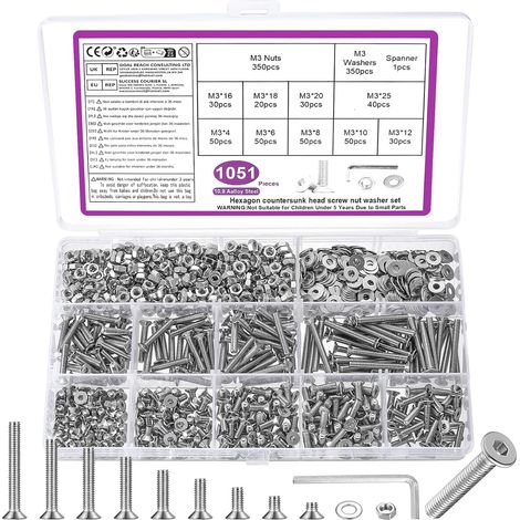Lot de 1051 Vis M3 - Acier Carbone Nickelé - Tête Fraisée Six Pans - Kit Fixation Complet - Électronique et Mécanique - Argenté (1/5)