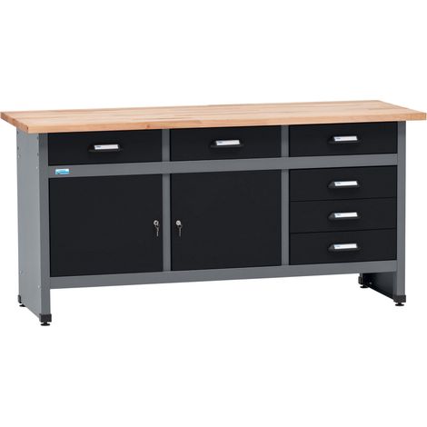 Kupper – Établi modulable 12179 – Largeur 170 cm – Charge maximale 300 kg – Plateau en hêtre massif 30 mm – 6 tiroirs et 2 portes verrouillables