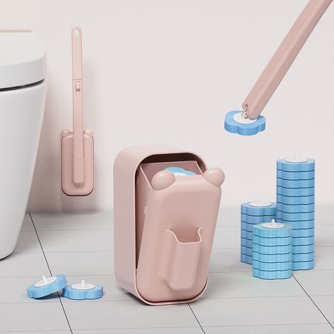 Wegwerfbare rosa Kunststoff-Toilettenbürste, Länge 40 cm, Toilettenreinigungsutensilien mit Halterung und 6 Ersatz-Bürstenköpfen, 1 (1/5)