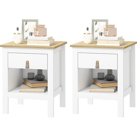 HOMCOM Set 2 Comodini Moderni con Cassetto e Ripiano Aperto Bianco e Rovere