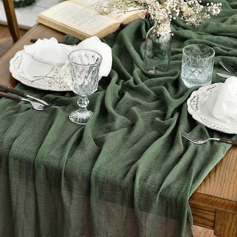 Chemin de table bohème en gaze de coton vert forêt, 3 mètres, pour mariage, cuisine, salle à manger, fêtes et réceptions en intérieur. (1/5)