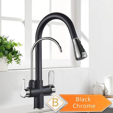 Robinet de cuisine filtrant l'eau (noir et chromé B) 2 en 1, douchette extractible en laiton antique, système de purification d'eau Crane, mitigeur pivotant 2 voies. (1/5)