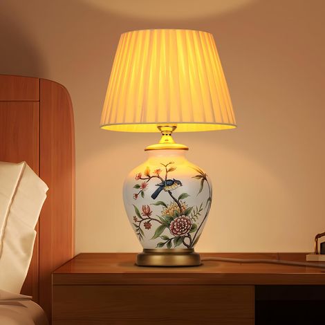 Lampe de Table Vintage en Céramique - Chevet, Salon, Chambre à Coucher - Lecture en Tissu Blanc - Bureau Style Moderne E27 - Nuit [Classe énergétique F] (1/5)