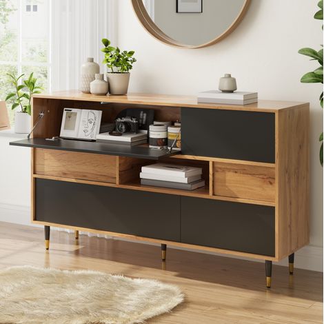 Aparador con 2 cajones, hueco abierto, puertas abatibles, 140 x 40 x 84,5 cm, OKMYHOME (1/5)