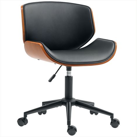 Fauteuil de bureau ergonomique en simili noir, coque noyer, pivotant 360°, réglable en hauteur, 52x54x74-84 cm (1/5)