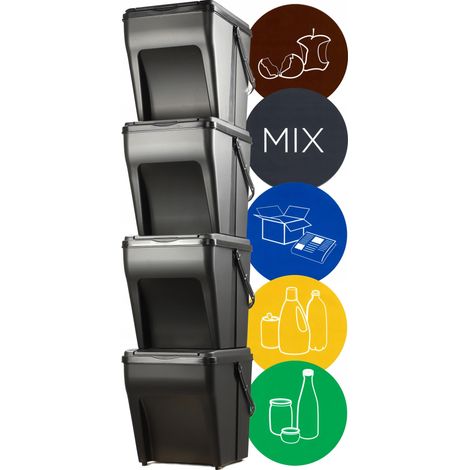 KADAX Contenedores de Clasificación Selectiva para Recogida y Reciclaje de Residuos Domésticos, Sistema de Separación de Residuos Apilables (4 x 25L, Negro)
