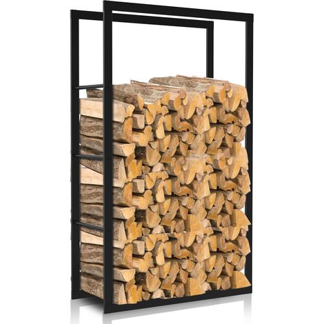 Wolketon Étagère porte-bûches métallique noire, 100 x 60 x 25 cm, stockage ordonné du bois de chauffage, structure stable et patins antidérapants (1/5)