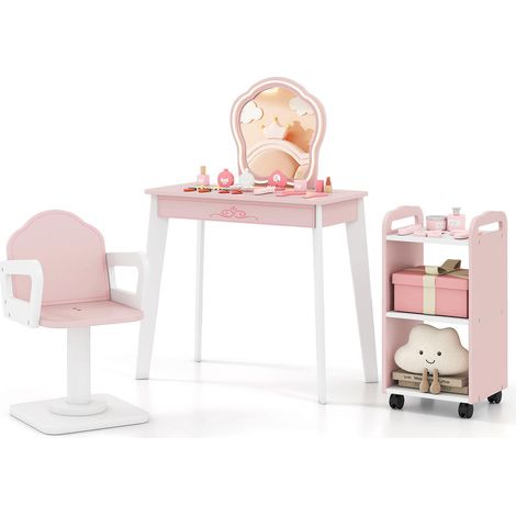 Coiffeuse Enfant en Bois Salon de Coiffure 2 en 1 avec Miroir LED Chaise Pivotante et Chariot Roulant Rose (1/2)