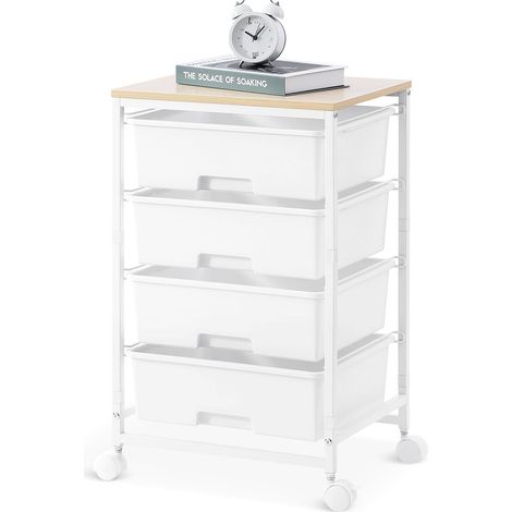 Chariot de rangement à 4 tiroirs sur roulettes plateau de table en bois, pour cuisine, salon, chambre à coucher, mouvement facile, grande capacité, 4 tiroirs, blanc (1/5)