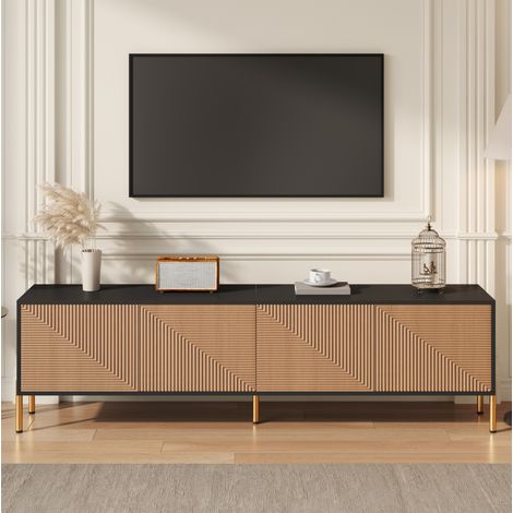Meuble TV 179x35x53,5 cm noir et naturel en panneau de particules avec portes texturées et pieds métalliques dorés (1/5)