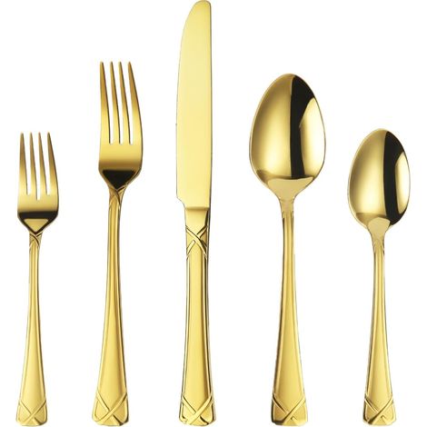 Service d'argenterie en or 30 pièces, service de couverts en acier inoxydable comprenant des couteaux, des fourchettes et des cuillères pour 6 personnes, poli miroir (1/5)