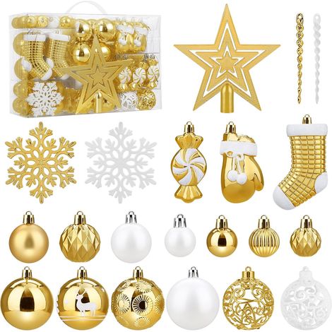 Lot de 128 Boule de Noel - Decoration Noel Sapin - Boules de Noël en Plastique Incassable - pour Decoration Noel Extérieur ou Intérieure - Décorer Sapin de Noël - Deco Noel (Or et Blanc) (1/5)