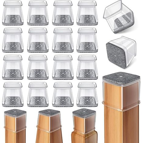 Protectores cuadrados para patas de sillas, 24 piezas de tapones de silicona transparente con fieltro, reducen el ruido y evitan arañazos (para patas de sillas de 26 a 38 mm).