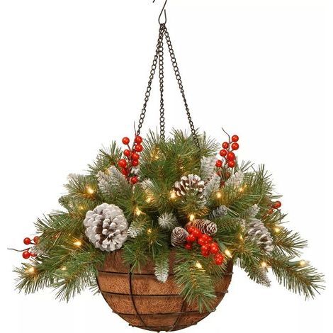 Beleuchteter Weihnachtskorb zum Aufhängen, Weihnachtskränze und Girlanden, künstliche, frostige Kiefernbaumdekoration mit Licht für die Tür, Weihnachtsdekoration für drinnen und draußen (15 cm) (1/5)
