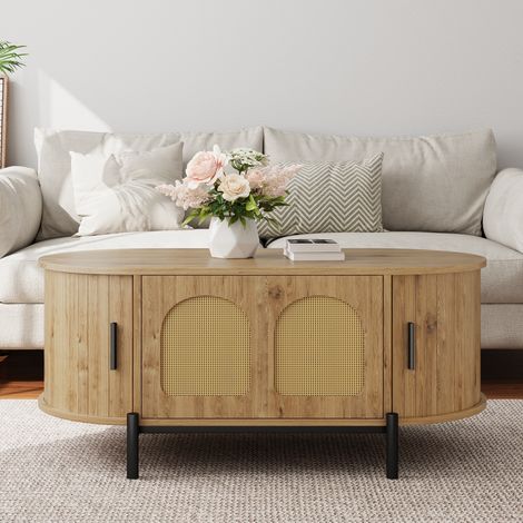 Comanlai - Table Basse Ovale 100x50 cm avec Rangement Effet Cannage Rotin, Table de Salon avec Porte Abattante et Portes Coulissantes Latérales, Naturel (1/5)