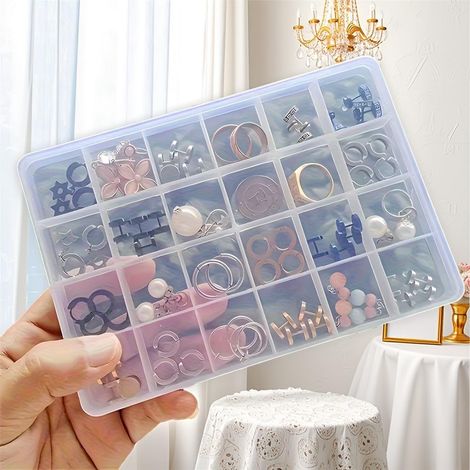 KOWOLL Boîte à bijoux transparente grande capacité à 24 compartiments, en plastique résistant avec fermeture sécurisée. (1/5)