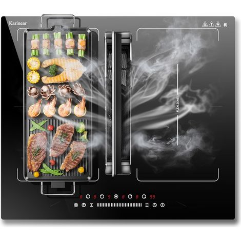 Karinear Plaque Induction Flexizone avec Hotte Aspirante, Table de Cuisson Induction 4 Foyers avec Booster, Timer, Pause, Plaque Electrique 4 Feux 7200W et Hotte Aspirante 145 W, 220-240V, sans prise
