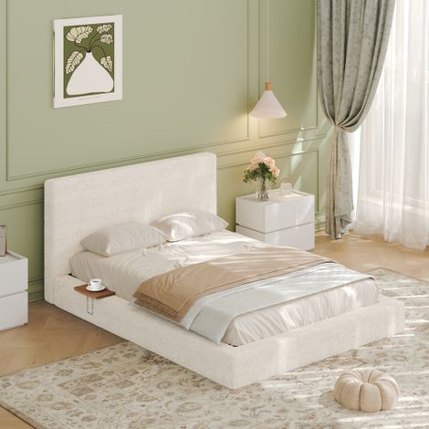 Lit adulte 140x200 cm avec cadre rembourré en tissu beige, tête de lit nuage, tables de chevet coulissantes réglables, structure métallique (1/5)
