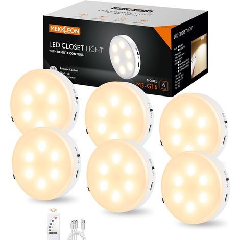 Lot de 3 lampes rondes avec télécommande, 1 000 mAh rechargeables, pour dessous d'armoire, lampes LED de placard, lumières à coller sans fil pour dessous d'armoire,couloir, escalier 6pcs (1/5)