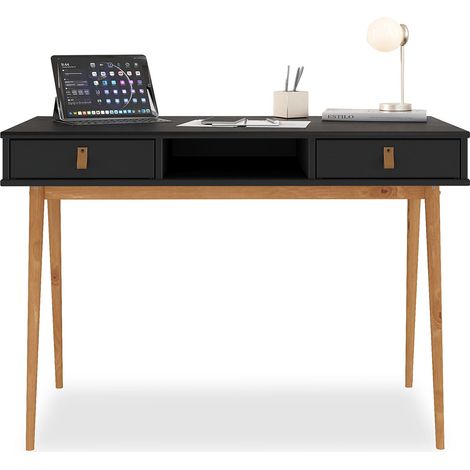 Idimex – Bureau enfant en pin massif lasuré noir/chêne – 2 tiroirs – Niche intégrée – Dimensions 33x50cm pour rangement optimisé (1/4)