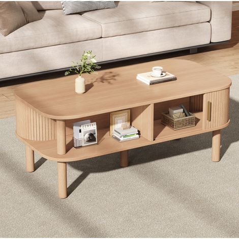 Couchtisch 110x55x45 cm Natur, gerillte Schiebetür, MDF und Holz, MEUBLIV (1/5)