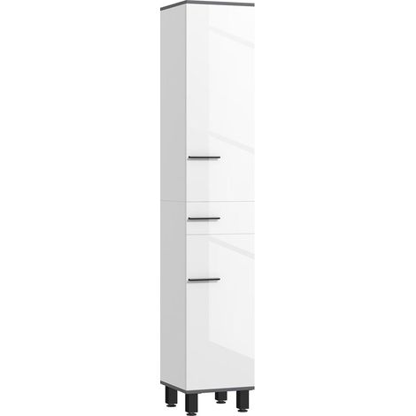Meuble colonne salle de bain gain de place 2 placards 1 tiroir étagères réglables 34x32x190 cm Blanc brillant et noir (1/5)