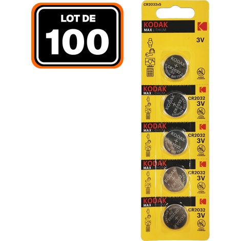 Lot de 100 Piles Bouton CR2032 3V 210mAh Lithium KODAK (1/2)