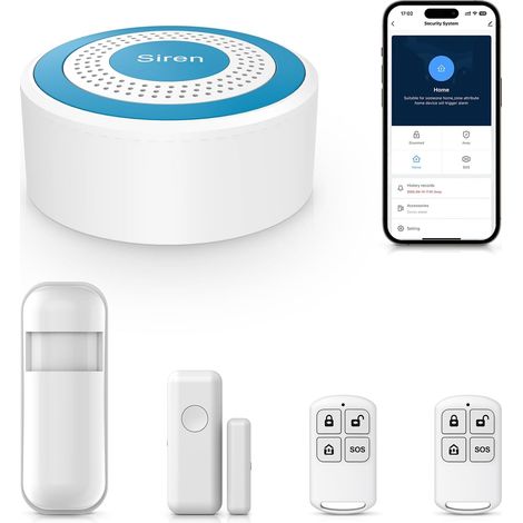 Alarme Maison sans Fil Intelligent, 2,4GHz WiFi Systèmes Sécurité pour la Maison avec APP, 5 Pièces - Capteurs de Fenêtre et de Porte, Détecteur de Mouvement, Télécommande, Compatible avec (1/5)
