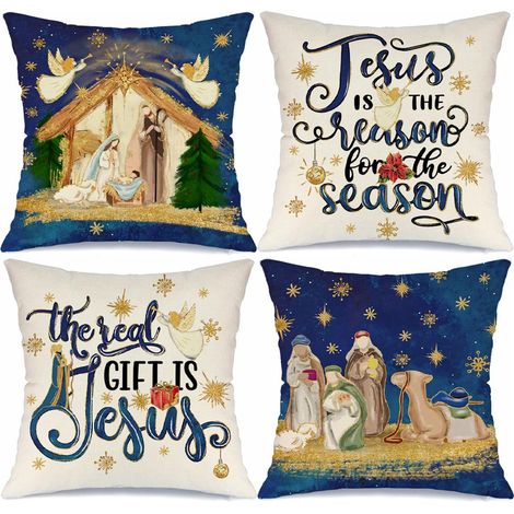 Fundas de cojín decorativas con inscripción navideña, 45 x 45 cm, juego de 4, para sofá o sillón. Decoración invernal para las fiestas. (1/5)